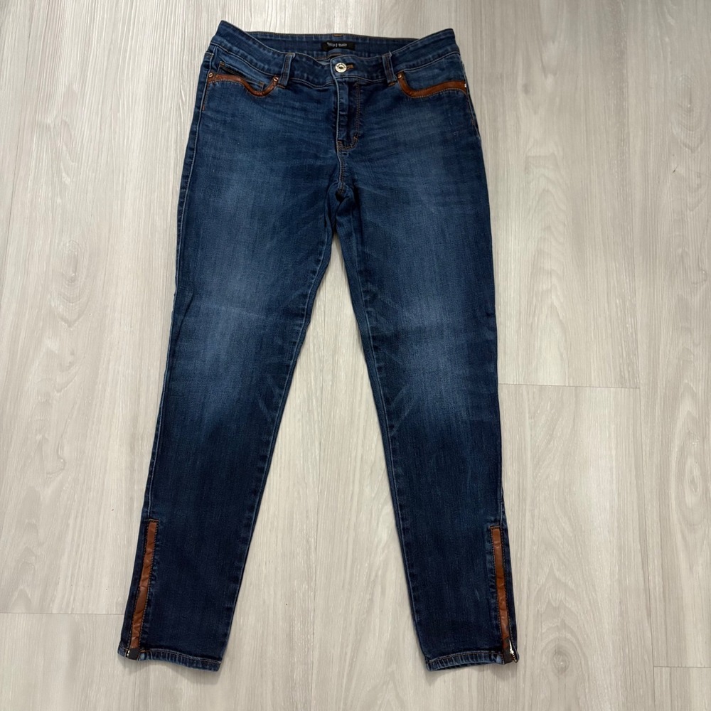 White House Black Market Skimmer Jeans Dark Wash Faux Leather Trim Ankle Zip 6